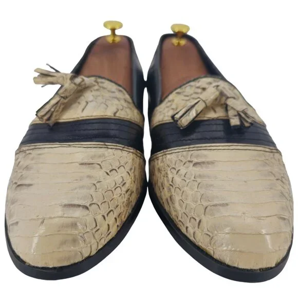 Vintage NEW Exotic Snakeskin 10.5D Dress Shoes Natural Cream Black Tassel Loafer - Picture 10 of 11